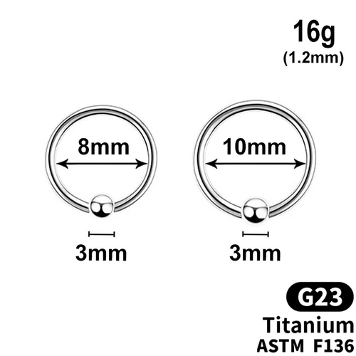 Captive Bead Ring, with 3mm ball, 16g, G23 TITANIUM ASTM F136