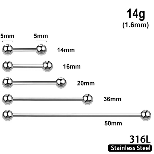 Barbell with 5mm balls, 14g, 316L stainless steel