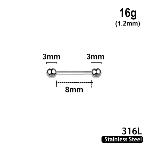 Barbell with 3mm balls, 16g, length 8mm, 316L stainless steel
