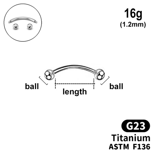 Bent Barbell with balls, 16g (1.2mm), G23 TITANIUM ASTM F136