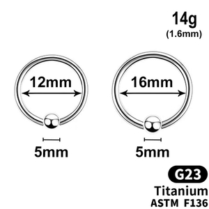 Captive Bead Ring, with 5mm ball, 14g, G23 TITANIUM ASTM F136