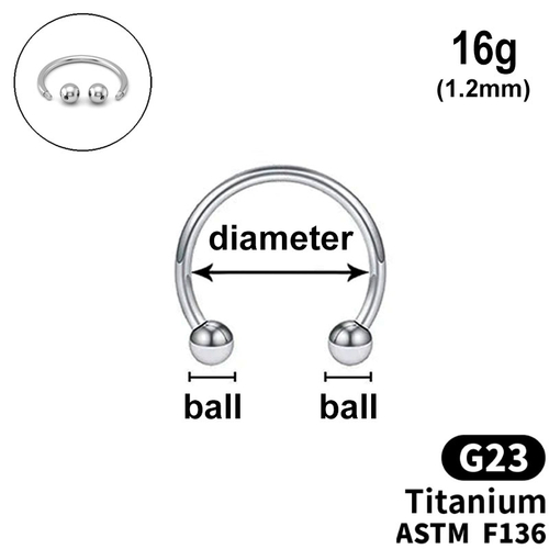 Circular barbell with balls, 16g, (1.2mm), G23 TITANIUM ASTM F136