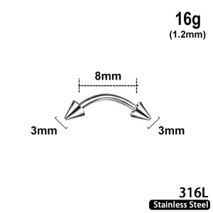 Bent Barbell with 3mm cones, 16g, length 8mm, 316L stainless steel