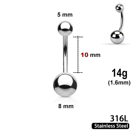 Belly Bar with 5mm and 8mm balls, 14g, length 10mm, 316L stainless steel
