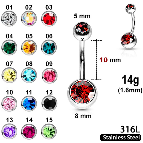 Belly Bar with colored Crystals in 5mm and 8mm balls, 14g, length 10mm, 316L stainless steel