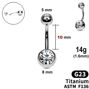Belly Bar with Crystals in 5mm and 8mm balls, 14g, length 10mm, G23 TITANIUM ASTM F136