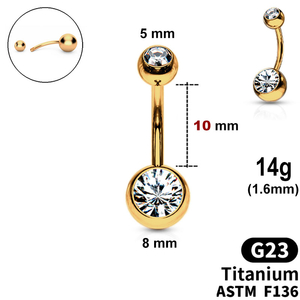 Belly Bar (color - Yellow GOLD) with Crystals in 5mm and 8mm balls, 14g, length 10mm, G23 TITANIUM ASTM F136