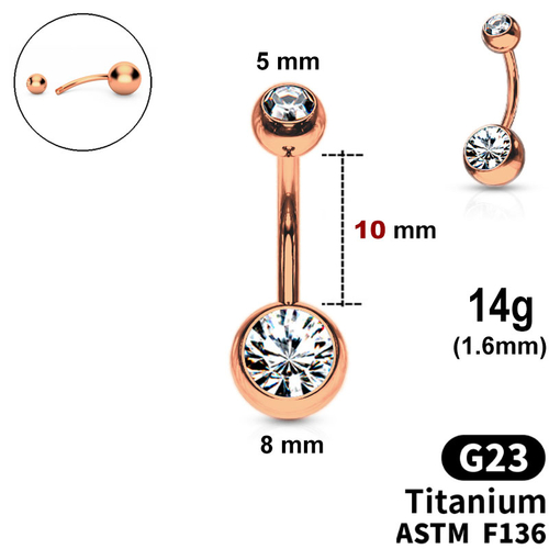 Belly Bar (color - Rose GOLD) with Crystals in 5mm and 8mm balls, 14g, length 10mm, G23 TITANIUM ASTM F136