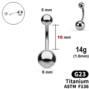 Belly Bar with 5mm and 8mm balls, 14g, length 10mm, G23 TITANIUM ASTM F136