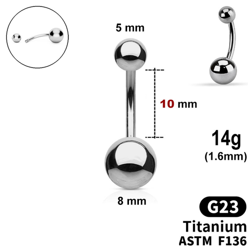 Belly Bar with 5mm and 8mm balls, 14g, length 10mm, G23 TITANIUM ASTM F136