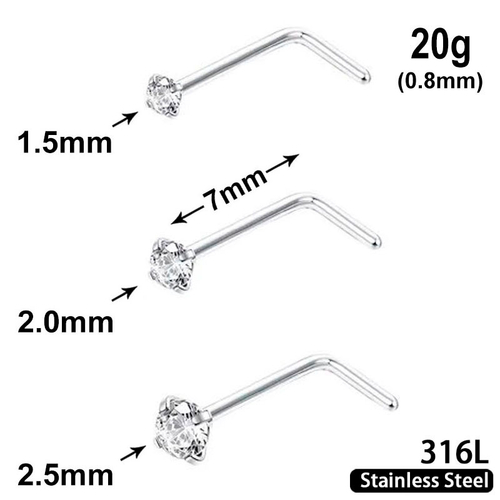 L-Shape Stud with clear Crystal, 20g, length 7mm, 316L stainless steel