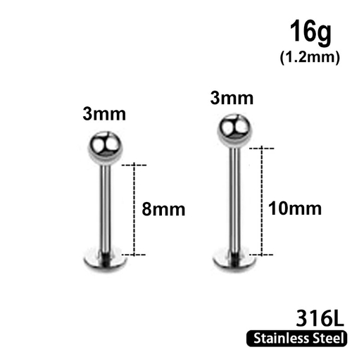 Labret with 3mm ball, 16g, 316L stainless steel