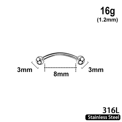 Bent Barbell with 3mm balls, 16g, length 8mm, 316L stainless steel