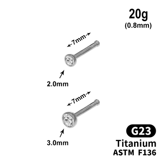 Stud with clear Crystal, 20g, length 7mm, G23 TITANIUM ASTM F136