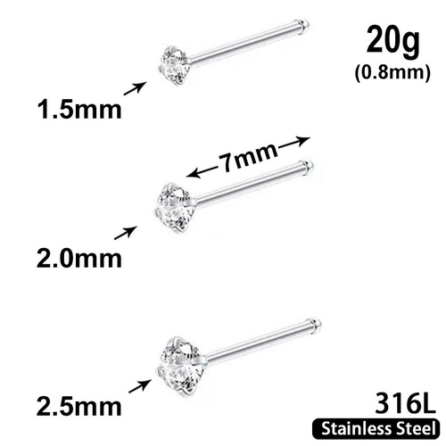 Stud with clear Crystal, 20g, length 7mm, 316L stainless steel
