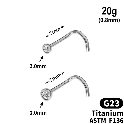 Spiral Stud with clear Crystal, 20g, length 7mm, G23 TITANIUM ASTM F136