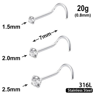 Spiral Stud with clear Crystal, 20g, length 7mm, 316L stainless steel