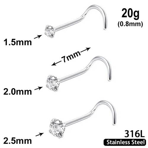 Spiral Stud with clear Crystal, 20g, length 7mm, 316L stainless steel