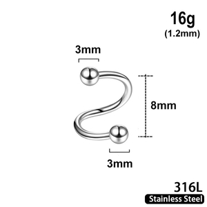 Spiral Barbell with 3mm balls, 16g, 8mm length, 316L stainless steel